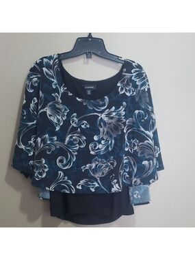 Le Chateau Elegant Black and Blue Floral Blouse Size Medium
